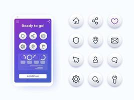icônes de ligne de base définies pour les applications mobiles, maquette de téléphone intelligent vecteur