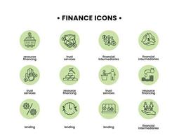 la finance Icônes ensemble. vecteur illustration de financier intermédiaire Icônes, Ressource financement, confiance prestations de service, prêt.