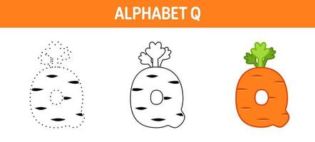 feuille de travail de traçage et de coloriage de l'alphabet q pour les enfants vecteur