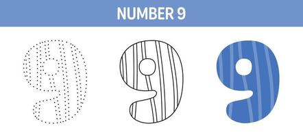 Feuille de travail de traçage et de coloriage du numéro 9 pour les enfants vecteur