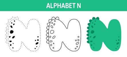 feuille de travail de traçage et de coloriage de l'alphabet n pour les enfants vecteur