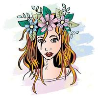 esquisser dessin magnifique Jeune femme avec fleur couronne dans sa cheveux. vecteur