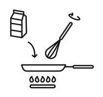 ajouter Lait à le la poêle et remuer. friture la poêle sur une gaz poêle. vecteur illustration. ligne style icône