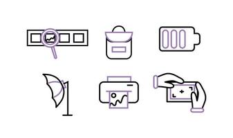 Icônes photographe. photographe équipement Icônes ensemble avec violet couleur. photographique film avec une grossissant verre, caméra sac, batterie charge, parapluie boîte à lumière, imprimante, concentrer vecteur