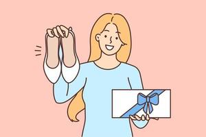 content femme montrant Nouveau des chaussures et boîte avec cadeau arc se vanter achat après achats. positif fille démontre cadeau chaussures de copain réjouissance à attention et se soucier vecteur