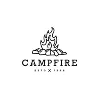 camping Feu logo conception, chaud feu de camp journaux sur contour ligne style vecteur illustration. ancien Facile ligne de camping flamme pour fête affiche et bannière