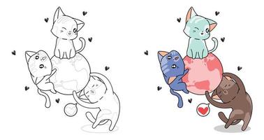 coloriage de dessin animé mignon trois chats et le monde pour les enfants vecteur