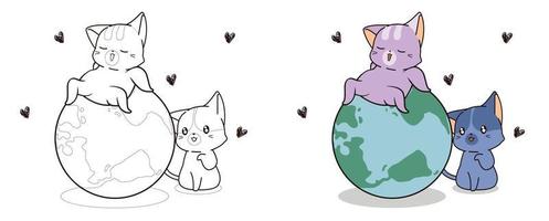 Les chats mignons aiment la page de coloriage de dessin animé du monde vecteur