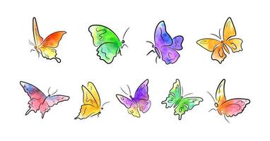 papillons brosse esquisser avec brillant aquarelle coloration vecteur
