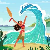 hawaïen fille en jouant avec le vague à le plage vecteur