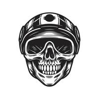 crâne motard portant casque, logo concept noir et blanc couleur, main tiré illustration vecteur