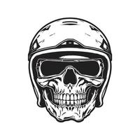 crâne motard avec rétro casque, logo concept noir et blanc couleur, main tiré illustration vecteur