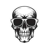 crâne avec des lunettes de soleil, logo concept noir et blanc couleur, main tiré illustration vecteur