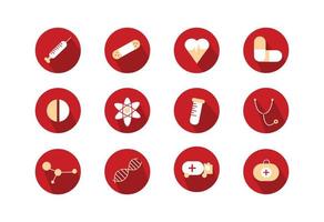 médicament Icônes ensemble. éléments dans le ensemble tablette, adn, seringue, capsule, cœur, médical valise, stéthoscope, ambulance, ambulance, tester tube. vecteur