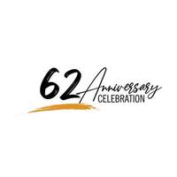 62 année anniversaire fête logo conception avec noir Couleur isolé Police de caractère et Jaune Couleur sur blanc Contexte vecteur