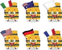 la vie gilet dessin animé personnage apporter le drapeaux de divers des pays vecteur