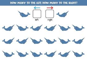 la gauche ou droite avec mignonne dessin animé narval. logique feuille de travail pour enfants d'âge préscolaire. vecteur