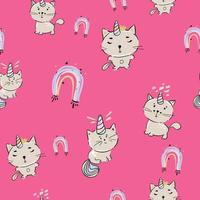 mignonne chat caticorn ou chaton Licorne vecteur sans couture modèle. kawaii chat Licorne avec sucette. isolé vecteur illustration pour des gamins conception impressions, affiches, tee-shirts, autocollants,