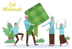 une groupe de content musulman famille célèbre eid al fitr, le Parents sont en portant ketupat, et leur fille est en jouant tambourins. vecteur