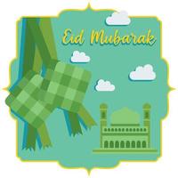 eid al-fitr salutations avec des illustrations de une ketupat et une mosquée. vecteur