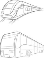 Croquis de transport de bus de train de balle, dessin à la main de voyage vecteur