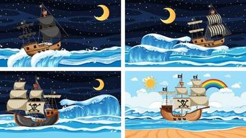 ensemble de scènes océaniques à différents moments avec bateau pirate en style cartoon vecteur