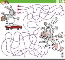 Jeu de labyrinthe éducatif avec lapin de Pâques de dessin animé sur planche à roulettes vecteur