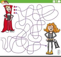 jeu de labyrinthe éducatif avec des enfants de dessins animés à la fête costumée vecteur