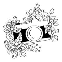 rétro photo caméra avec floral décoration. main dessin illustration. vecteur