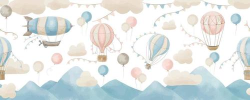 bébé fond d'écran avec chaud air des ballons et des nuages. main tiré aquarelle sans couture modèle pour les enfants. illustration dans délicat bleu et rose pastel couleurs. Contexte pour garçon ou fille pièce conception. vecteur