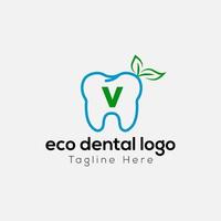 éco dentaire logo sur lettre v modèle. éco dentaire sur v lettre, initiale éco dentaire, les dents signe concept vecteur