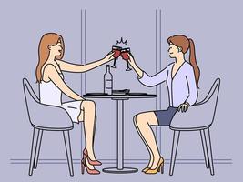 content femmes asseoir à table dans café à votre santé avec lunettes. souriant les filles se détendre ensemble dans restaurant en buvant du vin célébrer. vecteur illustration.