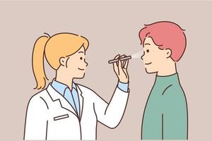souriant femelle médecin dans blanc médical uniforme vérifier Masculin patient vue. femme gp examiner gars vue dans clinique ou hôpital. soins de santé. vecteur illustration.