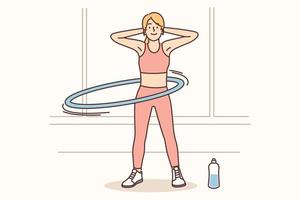 tonique Jeune femme dans tenue de sport formation à maison. content en forme fille filage cerceau engagé dans faire des exercices ou aptitude à l'intérieur. sport concept. vecteur illustration.