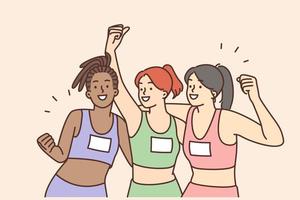 souriant Jeune diverse les filles les athlètes célébrer gagner dans concours. content multiracial femmes dans tenue de sport triomphe avec la victoire dans course ou sport concours. vecteur illustration.