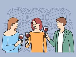 souriant gens dégustation du vin dans cave. content copains tenir des lunettes prendre plaisir de l'alcool boisson à festival. vecteur illustration.