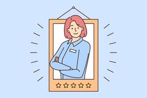 souriant femelle employé dans uniforme recevoir meilleur ouvrier de mois décerner. content femme avoir meilleur retour d'information et rang à lieu de travail. vecteur illustration.