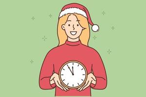 souriant Jeune femme dans Père Noël chapeau tenir l'horloge compte minutes jusqu'à Nouveau an. content fille célébrer hiver vacances dans de fête costume. vecteur illustration.