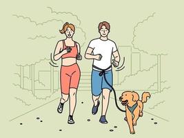 souriant couple dans tenue de sport le jogging ensemble avec chien dans parc. content homme et femme fonctionnement en plein air avec chiot. sport et en bonne santé mode de vie. vecteur illustration.