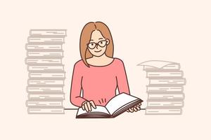 intelligent Jeune femme dans des lunettes asseoir à table en train de lire livres. content intelligent femelle étudiant dans bibliothèque étude avec pile de manuels. éducation. vecteur illustration.