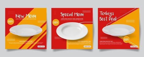 social médias Publier modèle pour nourriture promotion Facile bannière cadre, vecteur illustration avec blanc assiette sur rouge et Orange Contexte