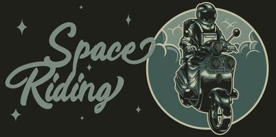 L'astronaute motard cool parcourt l'univers sur une moto dans un style vintage. thème de l'équitation dans l'espace. illustration de motard amant de vecteur. bon pour la marchandise d'affiche, de logo, d'autocollant ou d'habillement. vecteur