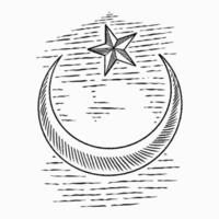 image dessinée à la main du croissant de lune avec étoile. symbole islamique dans un style vintage. ramadan kareem avec des éléments de conception islamique. religion musulmane sur fond turquoise. illustration vectorielle vecteur