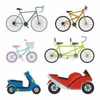 ensemble simple de conception de vecteur d'icônes plat de transport. contient comme le vélo de sport, le vélo de femme, la moto de matic et la moto de sport. illustration de dessin animé éléments vectoriels de transport