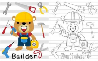 une marrant ours dessin animé dans constructeur costume avec il outils, coloration livre ou page vecteur