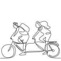 dessin au trait continu du jeune homme et femme à bicyclette style de minimalisme art ligne dessinée à la main sur fond blanc. hommes et femmes énergiques font du vélo. concept de mode de vie sain vecteur