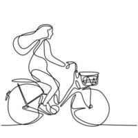 un dessin au trait d'une jeune fille heureuse à vélo. énergique belle femme chevauchant son vélo le matin pour aller à l'école. Les activités quotidiennes. retour au concept d & # 39; école isolé sur fond blanc vecteur