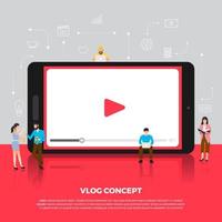 concept de design plat vlog. l'équipe développe une vidéo de chaîne en ligne. vecteur illustrent.