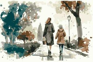 mère et fille en marchant ensemble dans une parc. famille l'amour. vecteur art La peinture de grand-mère