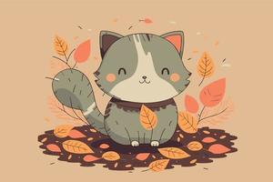 mignonne adorable dessin animé chat. content griffonnage de minou. mignonne graphique de chaton dans la nature. été vecteur